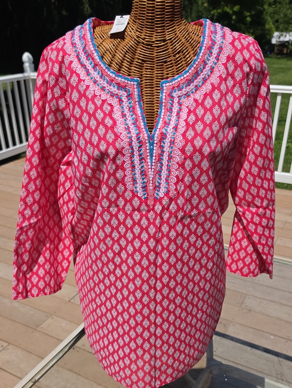 NWT Talbots Pink Printed Tunic with Blue Embroidery